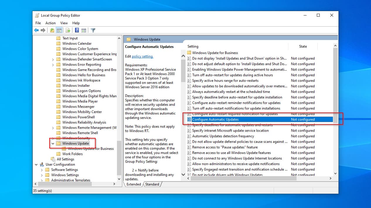 Group Policy Editor Configure Automatic Updates Entry