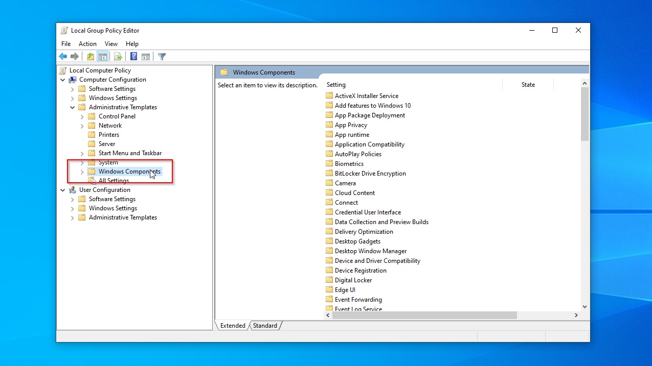 Group Policy Editor Windows Components Entry