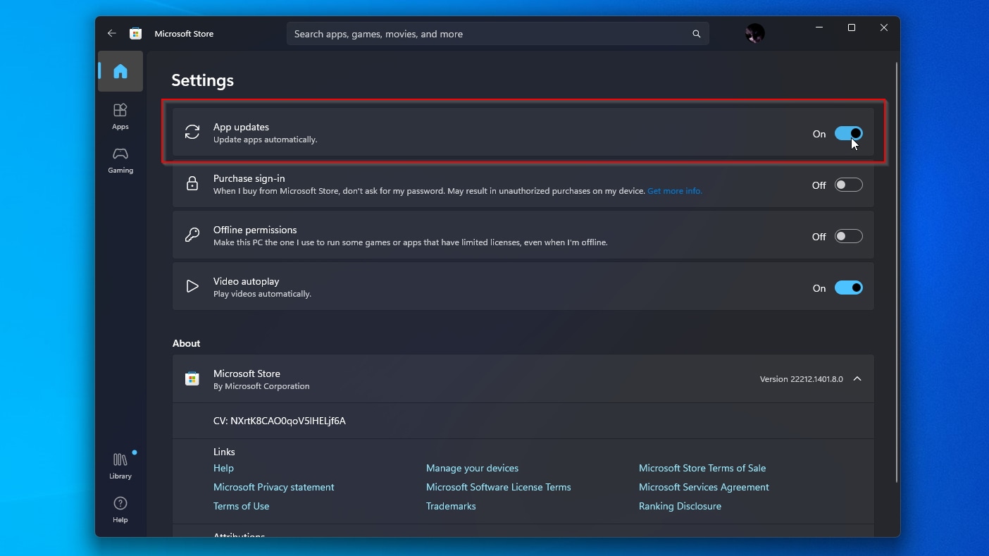 Microsoft Store Settings Turning Off App Updates