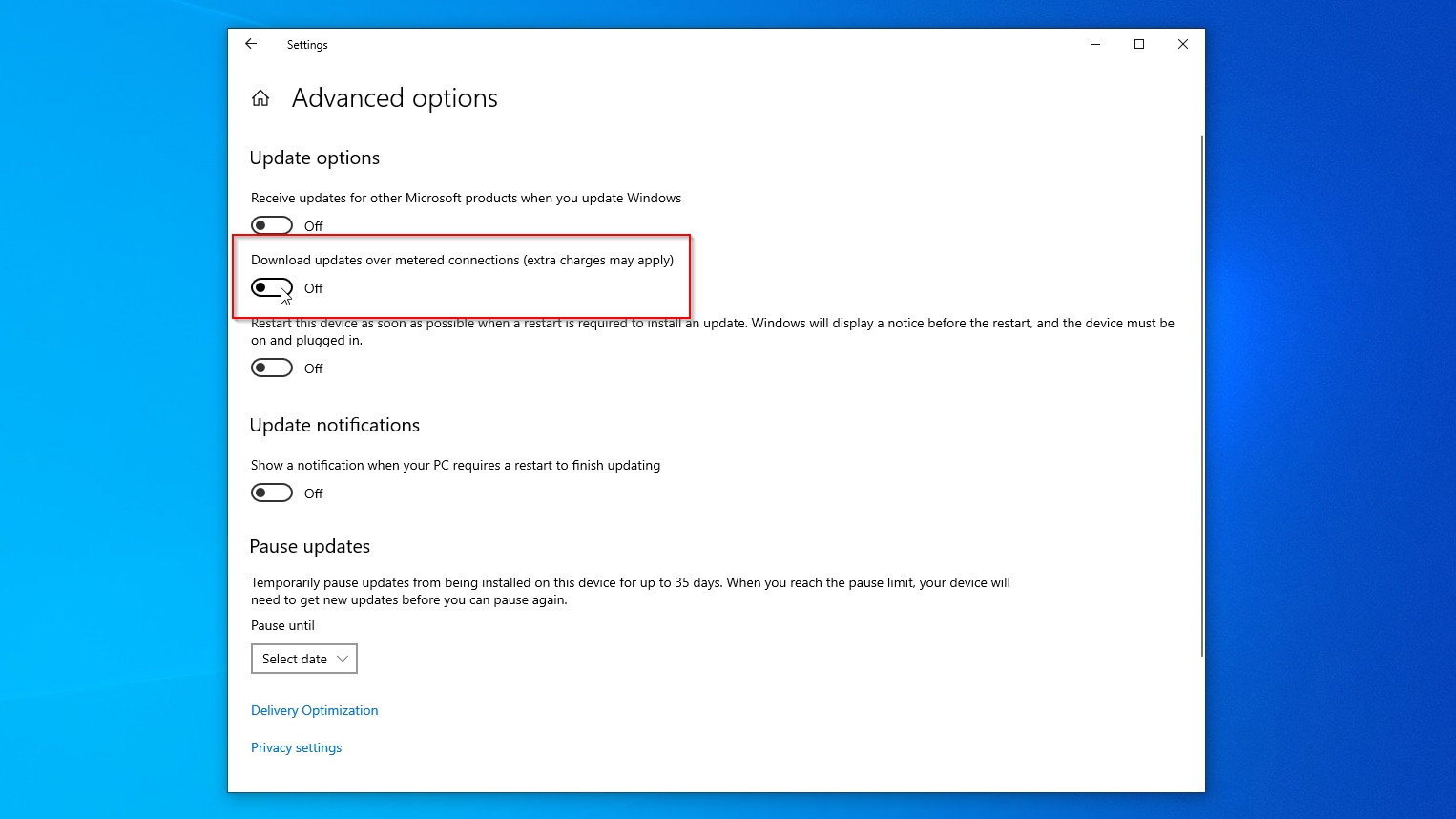 Windows Update Advanced Options Disabling Updates Over Metered Connections