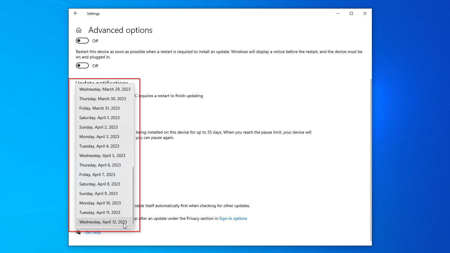 Windows Update Advanced Options Pause Updates Selecting Date