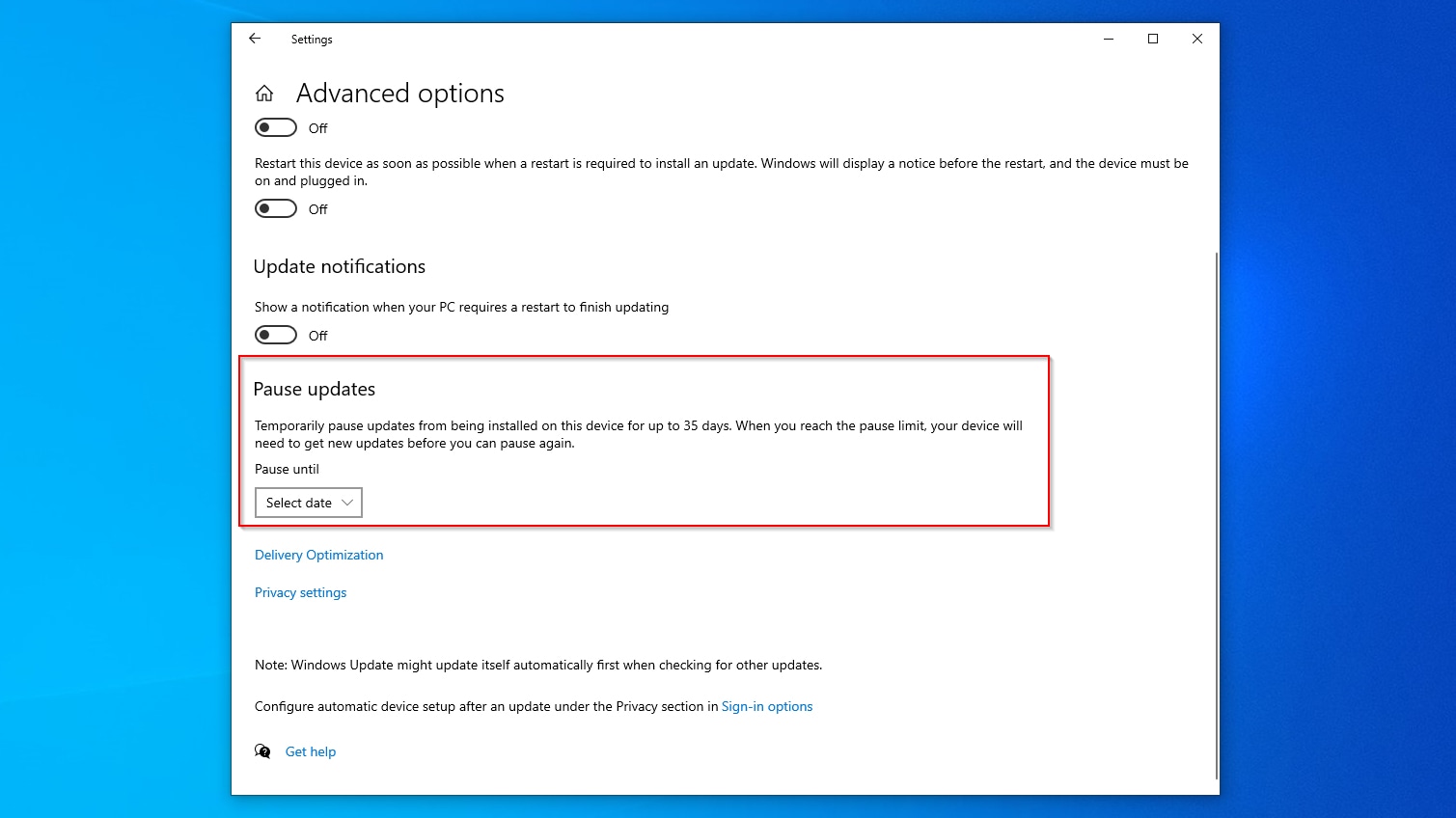 Windows Update Advanced Options Pause Updates