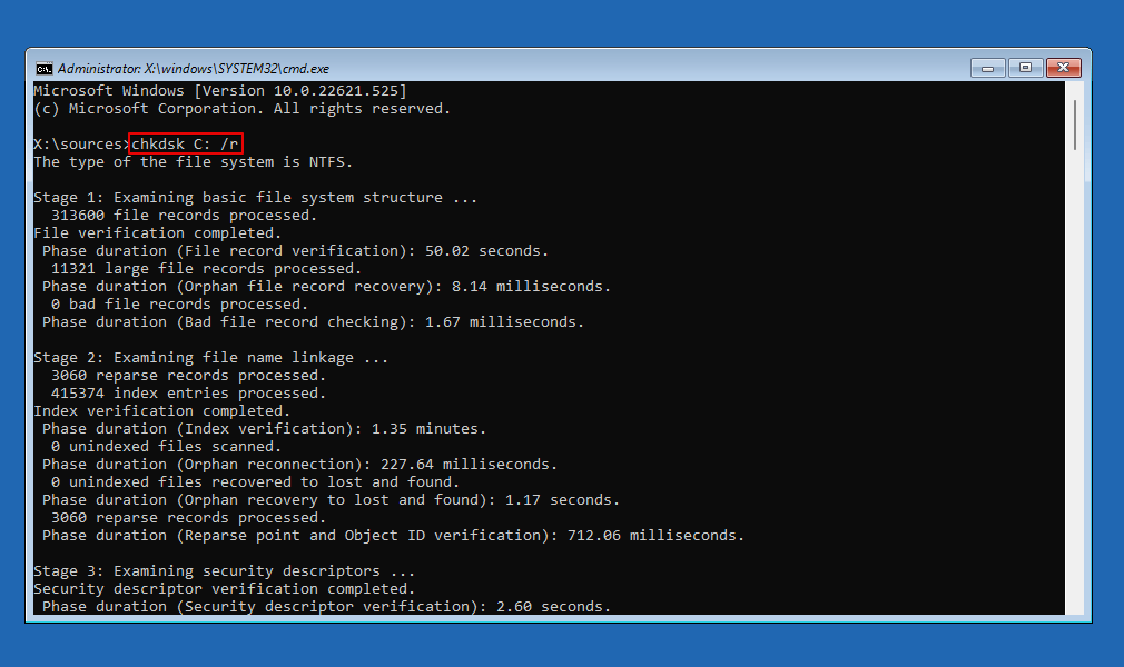 Running the CHKDSK command in WinRE.