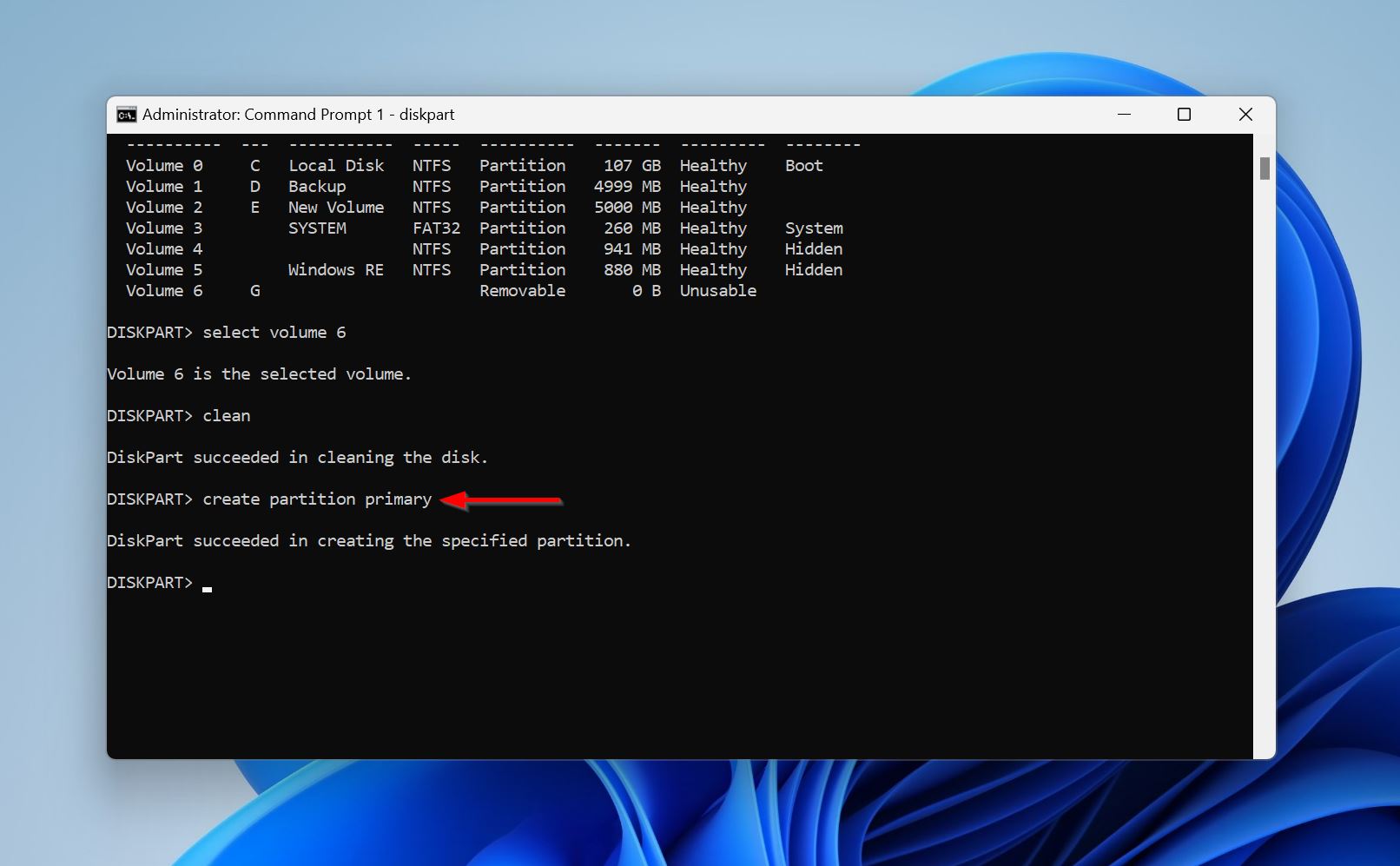 Create partition primary command.