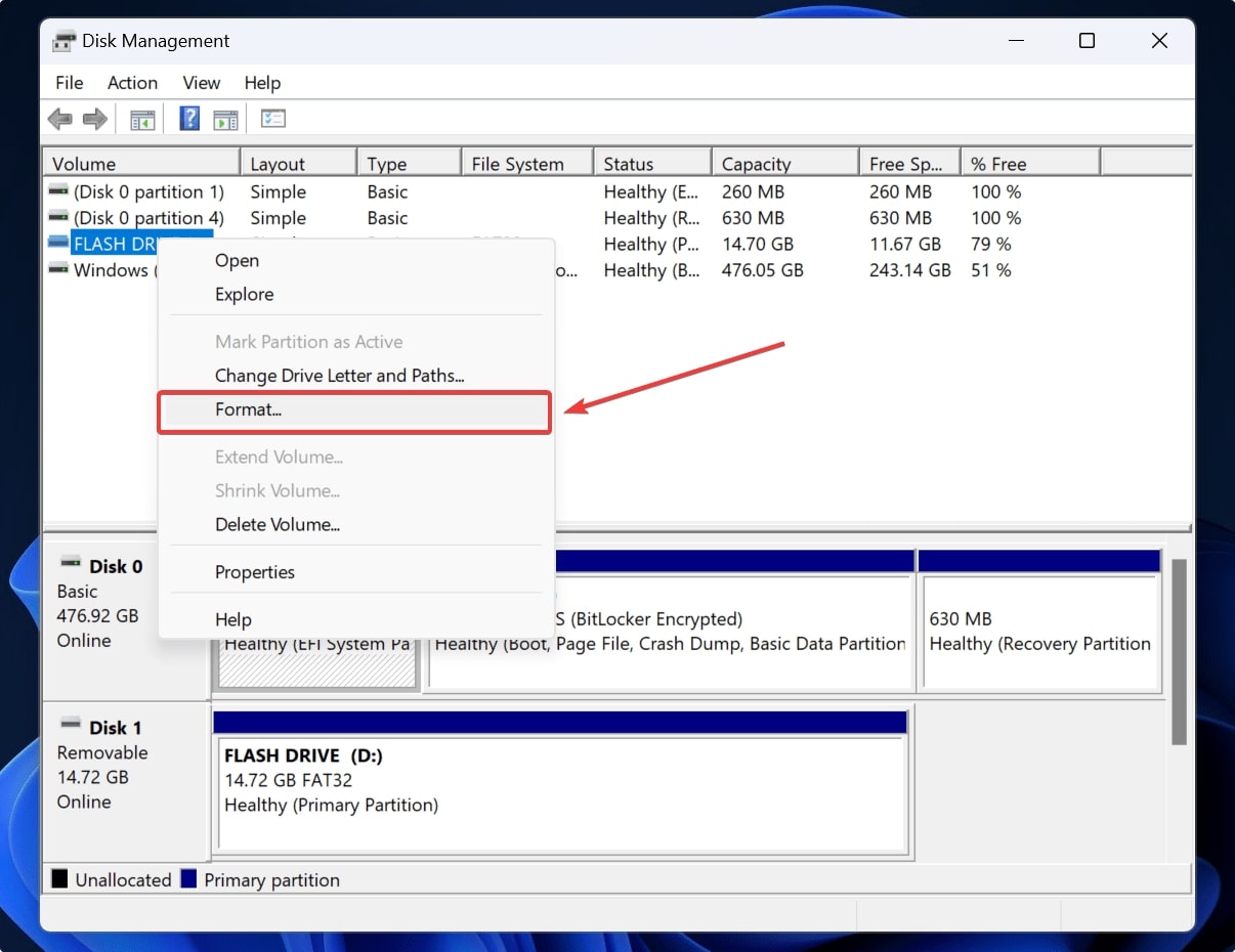 format from disk management