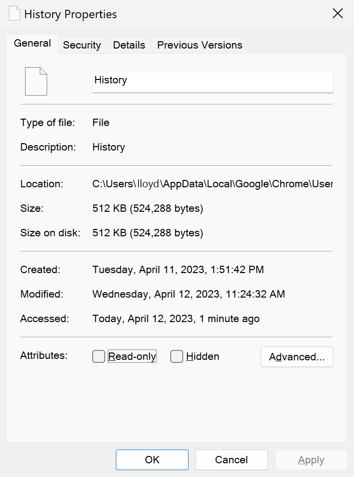 Chrome History Properties