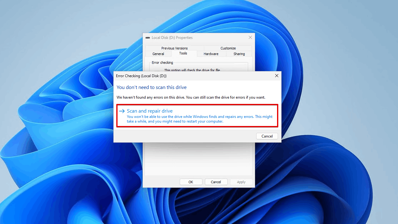 Scanning and repairing the drive.