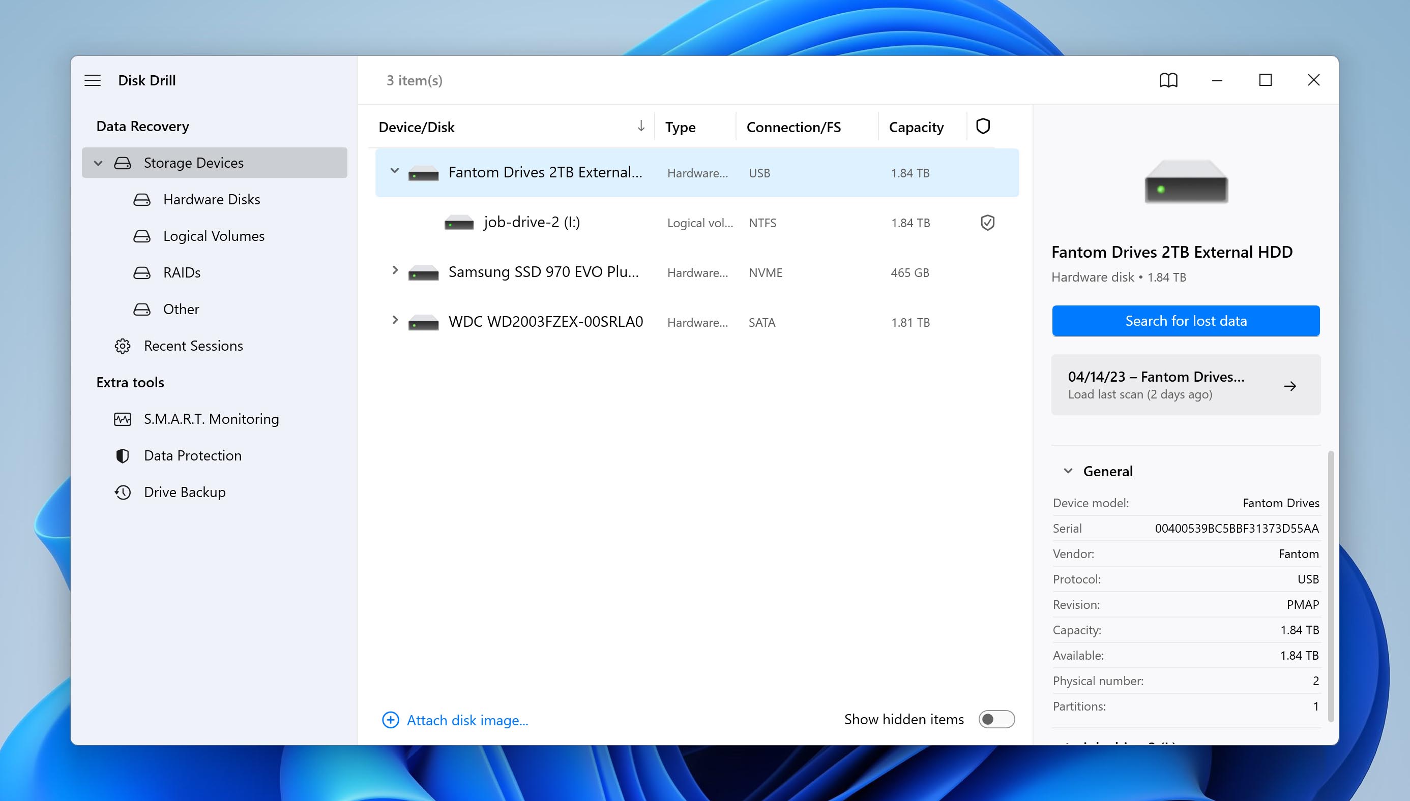 Selecting the drive and starting the scan.