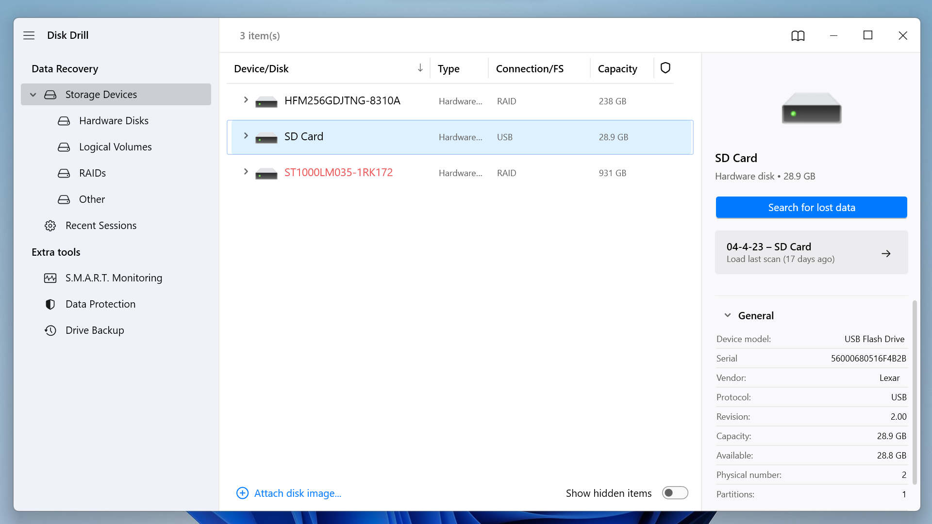 select sd card on disk drill