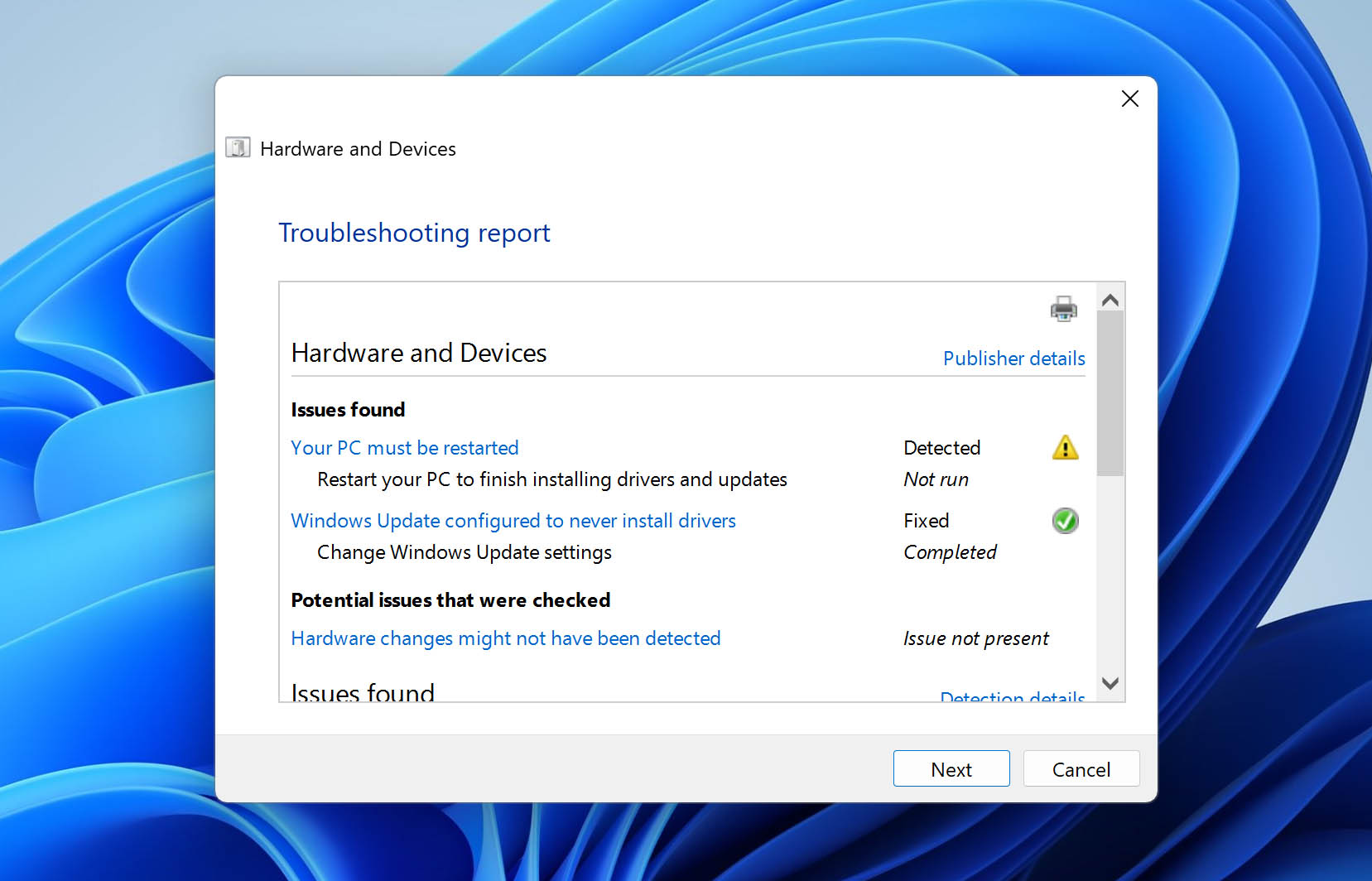 An overview of what the troubleshooter detected.