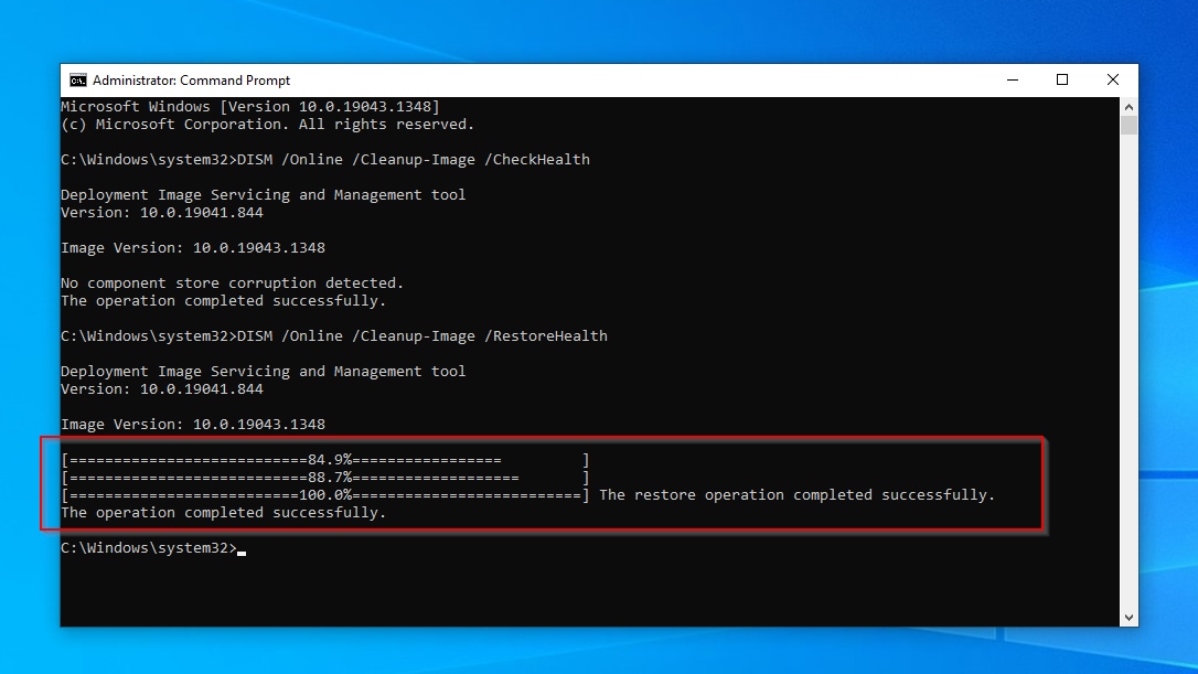 CMD DISM Tool With Online Cleanup Image and RestoreHealth Flags Restore Successfull