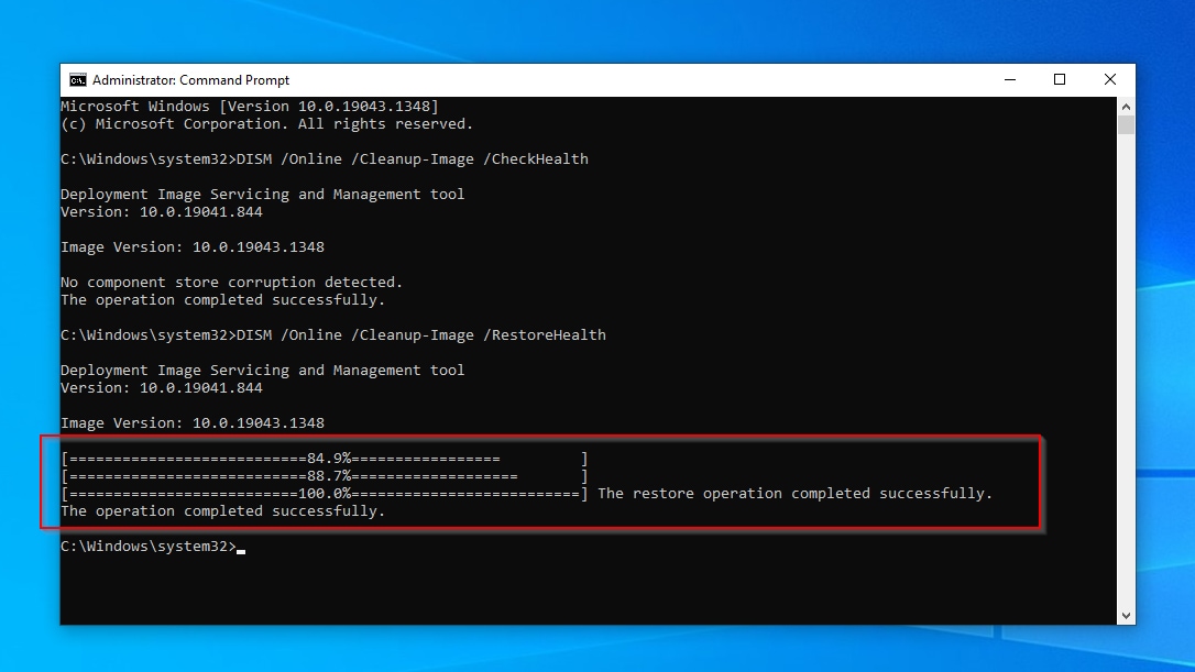CMD DISM Tool With Online Cleanup Image and RestoreHealth Flags Restore Successfull
