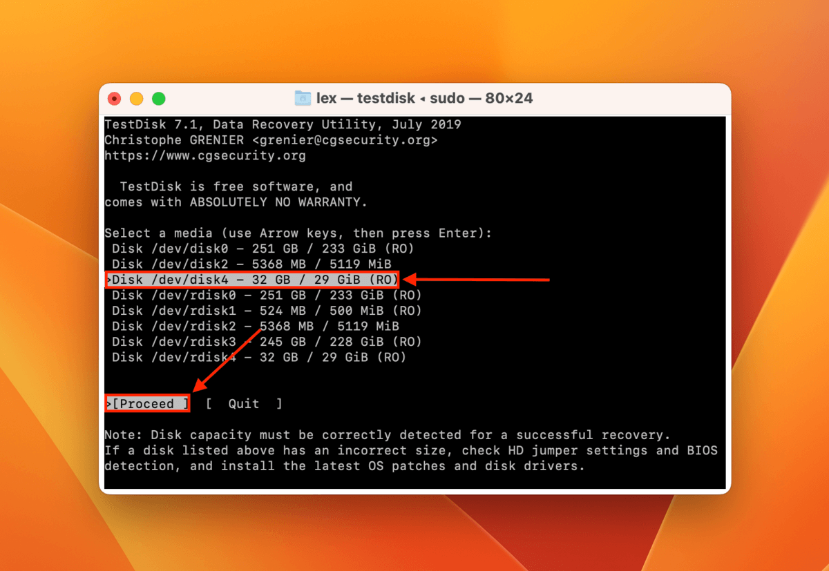 drive selection command in Terminal