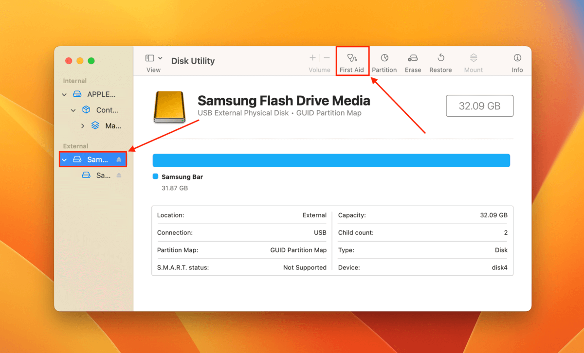 First Aid button in Disk Utility