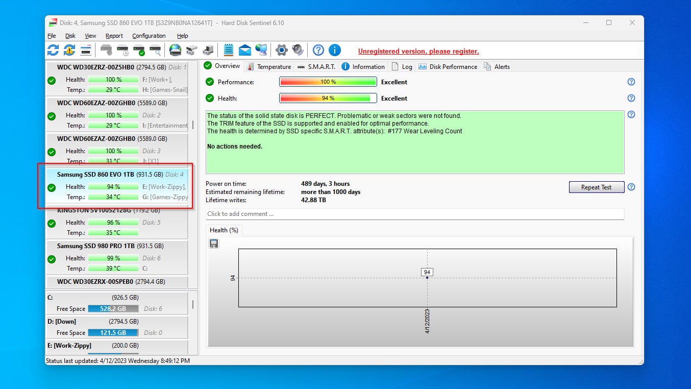 Hard Disk Sentinel Samsung SSD 860 EVO Selected