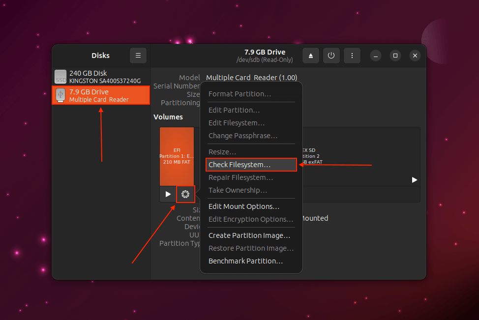 Check Filesystem function in Gnome Disks