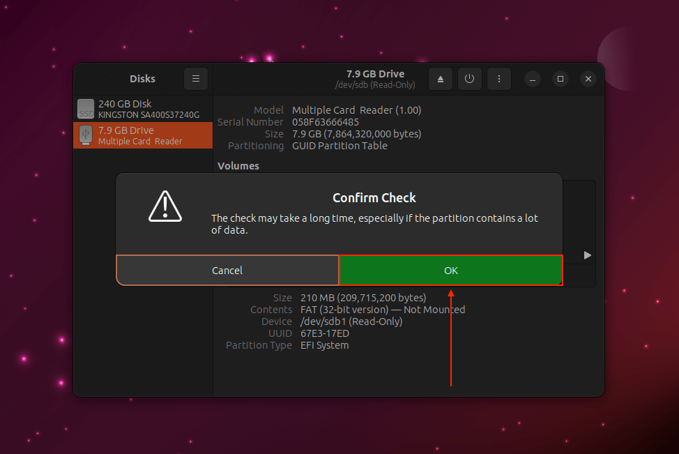 Check disk confirmation in Gnome Disks