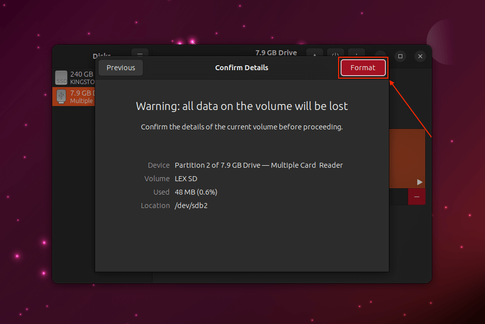 Formatting confirmation in Linux Gnome Disks