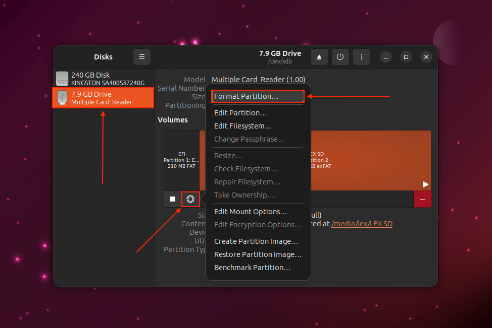 Format partition function in Linux Gnome Disks