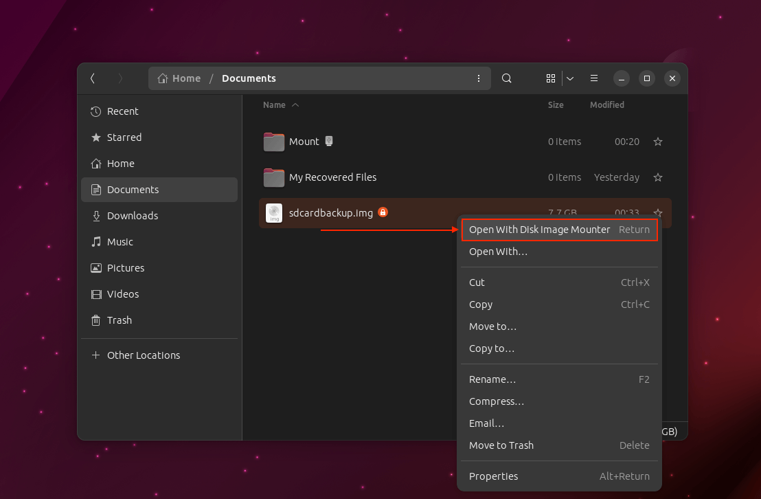 Mount SD card image button in Linux files right-click menu