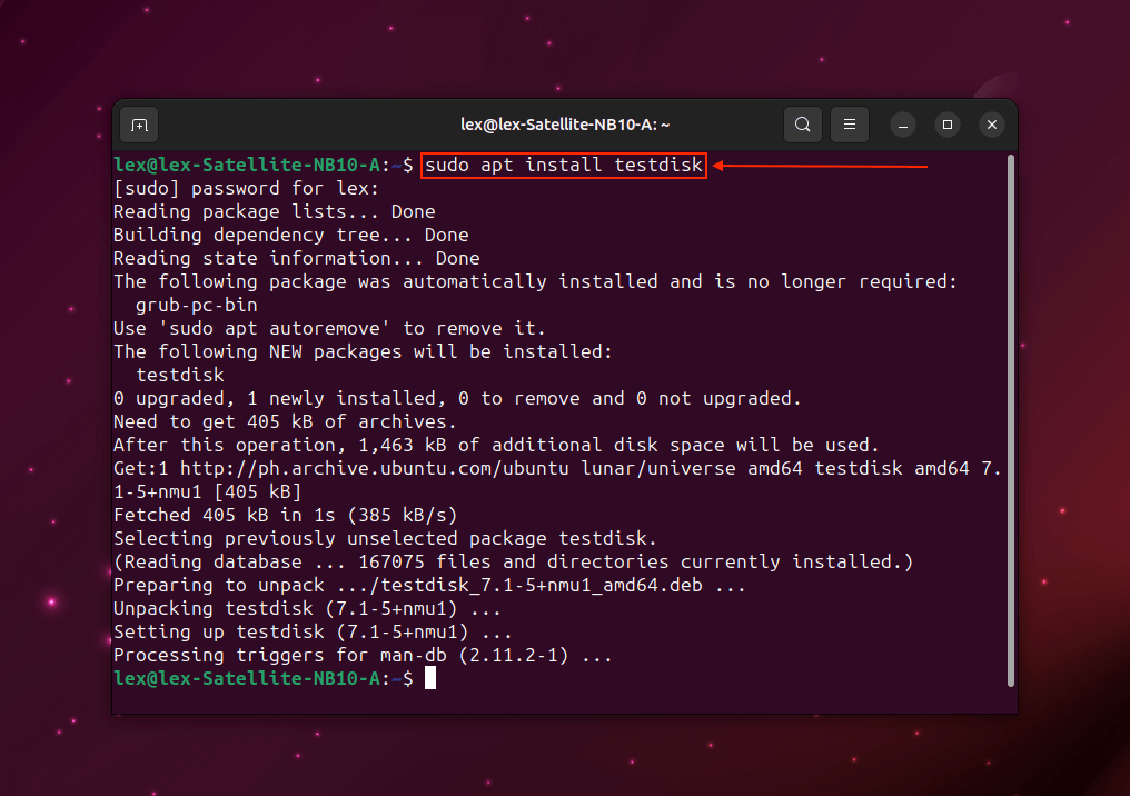 TestDisk installation command in Linux Terminal