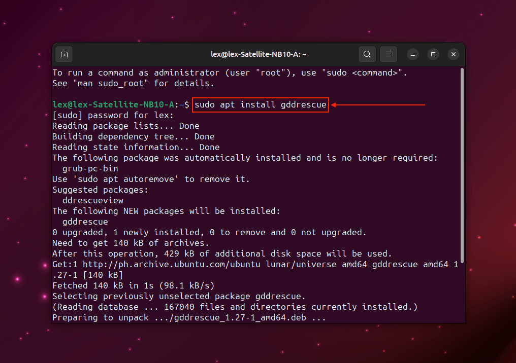 ddrescue installation command in Linux Terminal