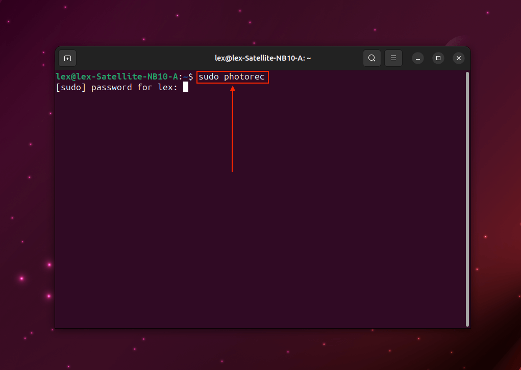 Launch PhotoRec command in Linux Terminal