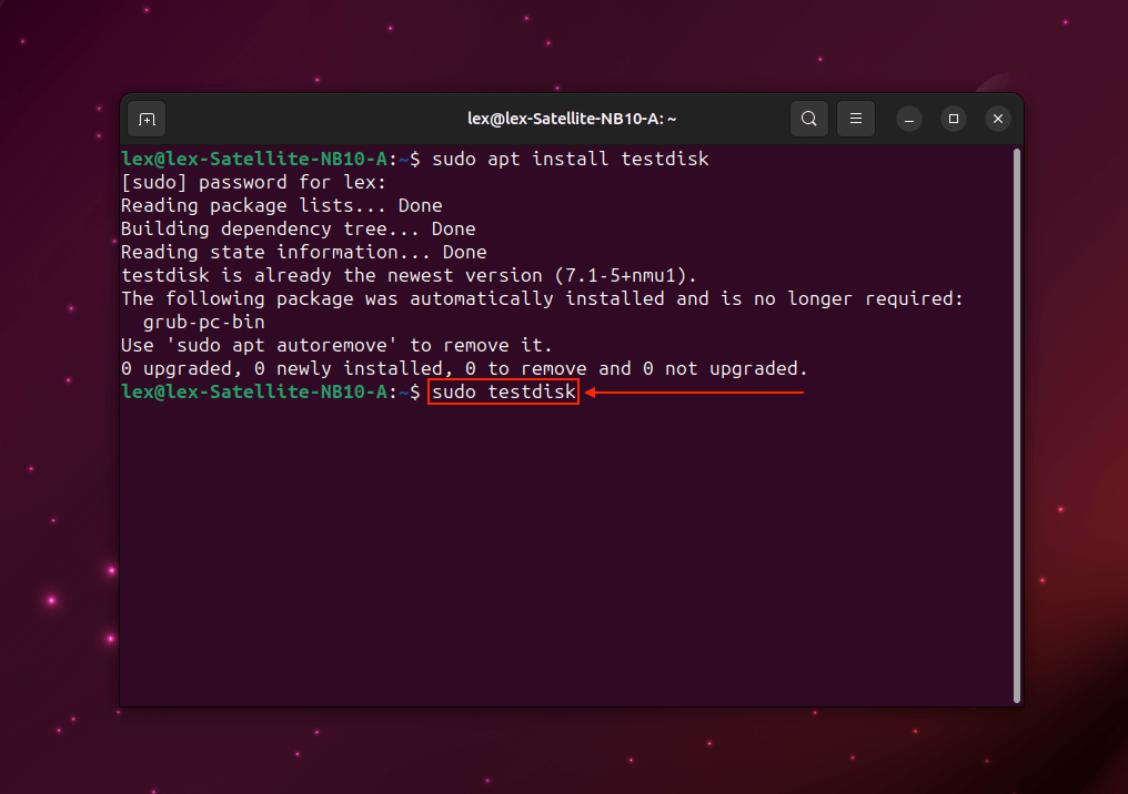 Launch TestDisk command in Linux Terminal