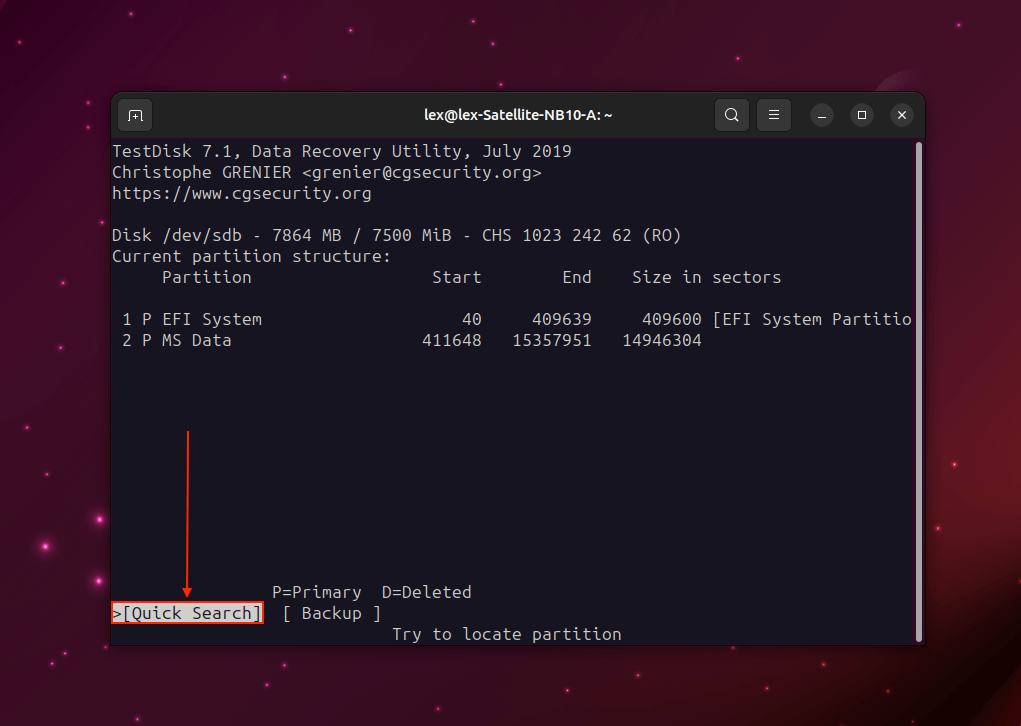 Quick Search option in TestDisk for Linux