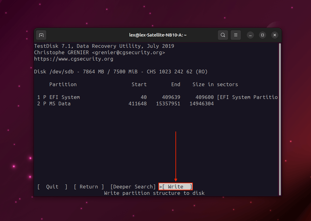 Write partition in TestDisk for Linux