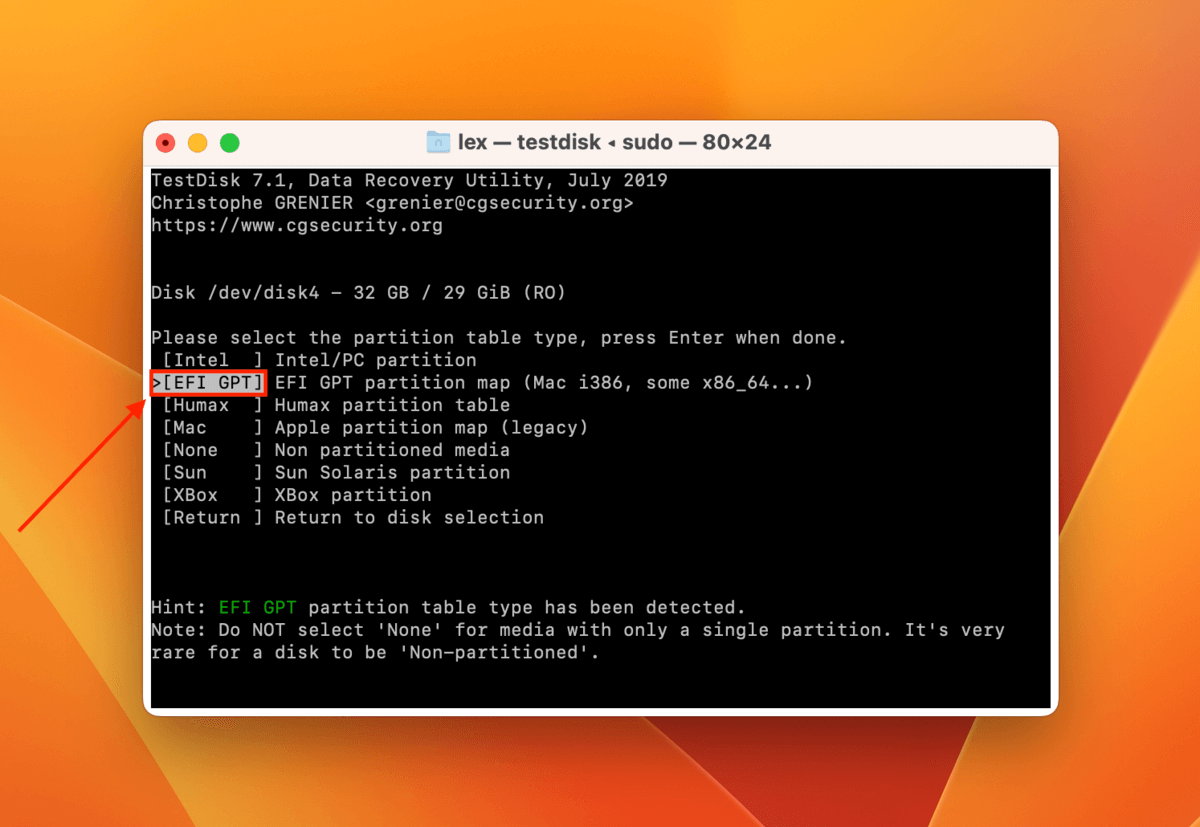 drive partition table selection in Terminal