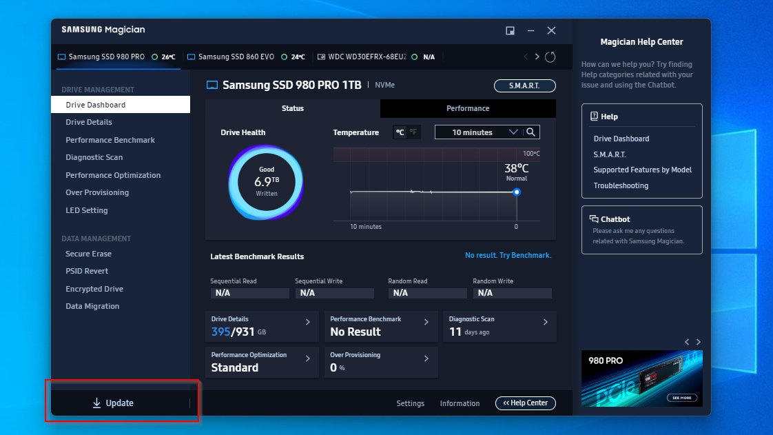 Samsung Magician SSD 980 Pro Update Button Highlighted
