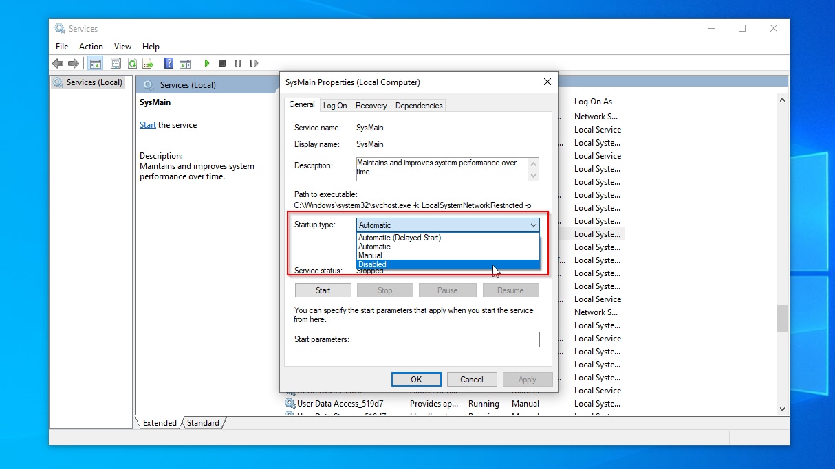 Services SysMain Service Properties Startup Type Changed To Disabled