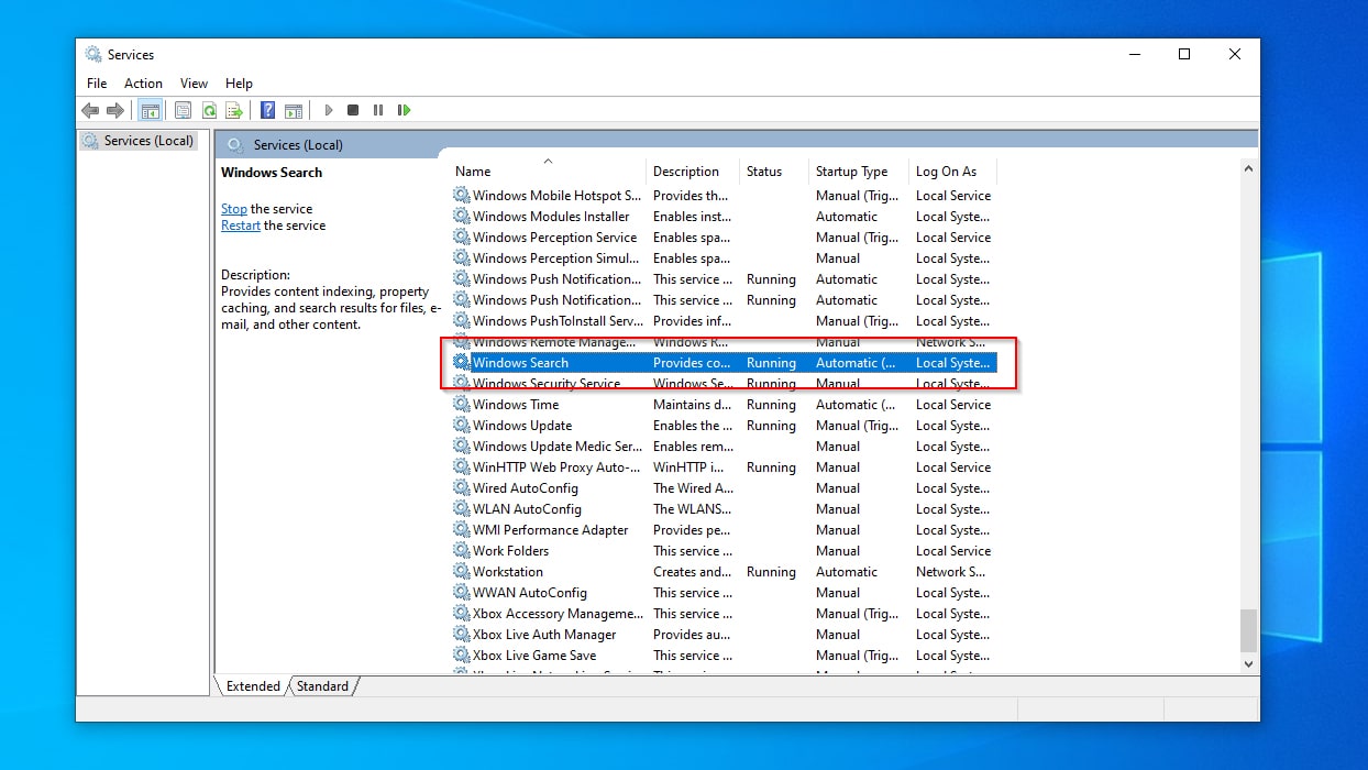 Services Windows Search Service Highlighted