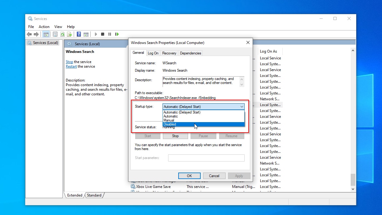 Services Windows Search Service Properties Startup Type Changed To Disabled