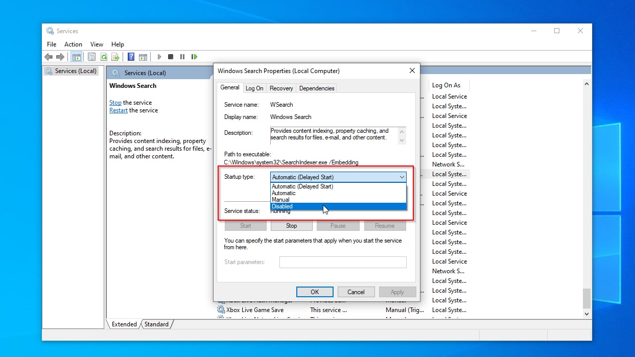 Services Windows Search Service Properties Startup Type Changed To Disabled