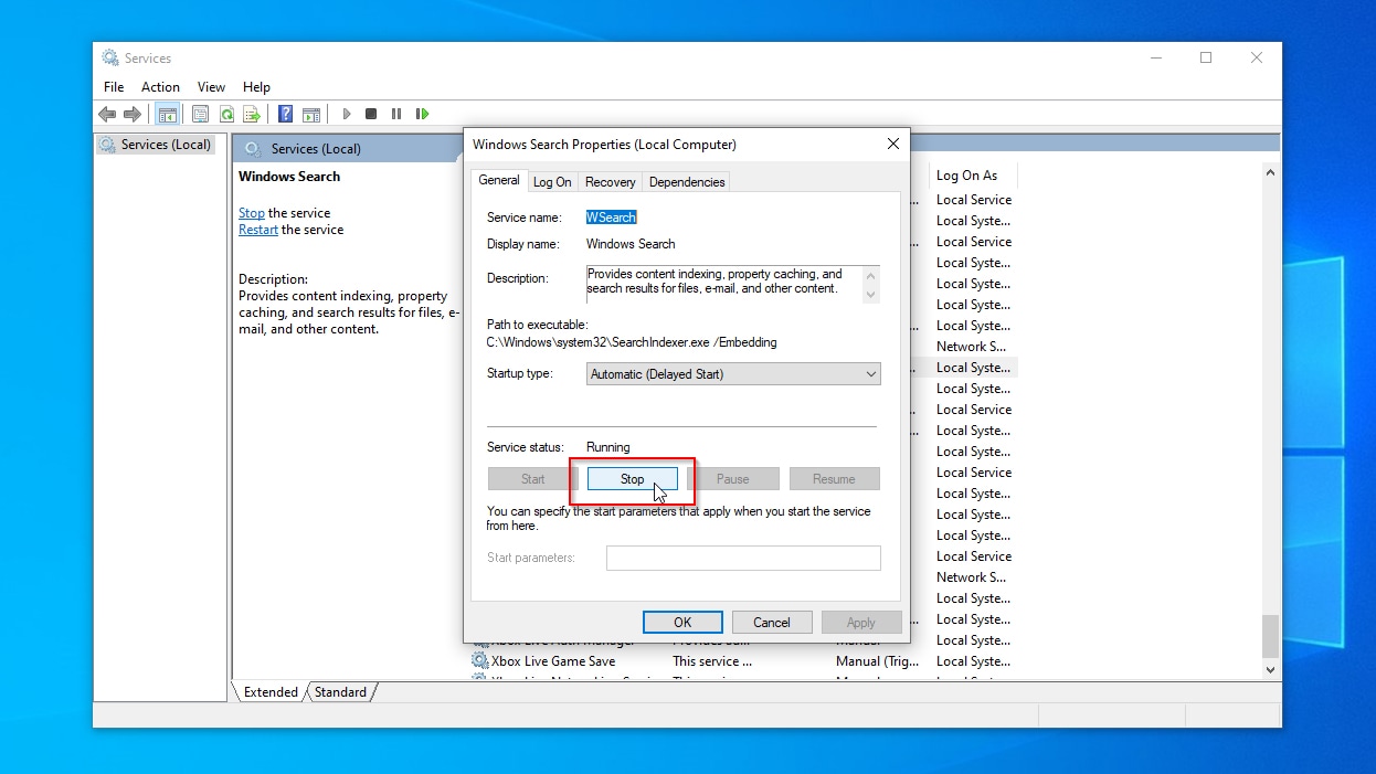 Services Windows Search Service Properties Stop Button Highlighted