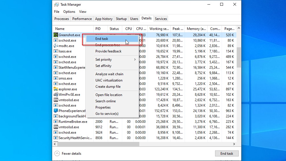 Task Manager End Task Greenshot