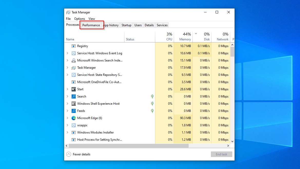 Task Manager Performance Tab Highlighted
