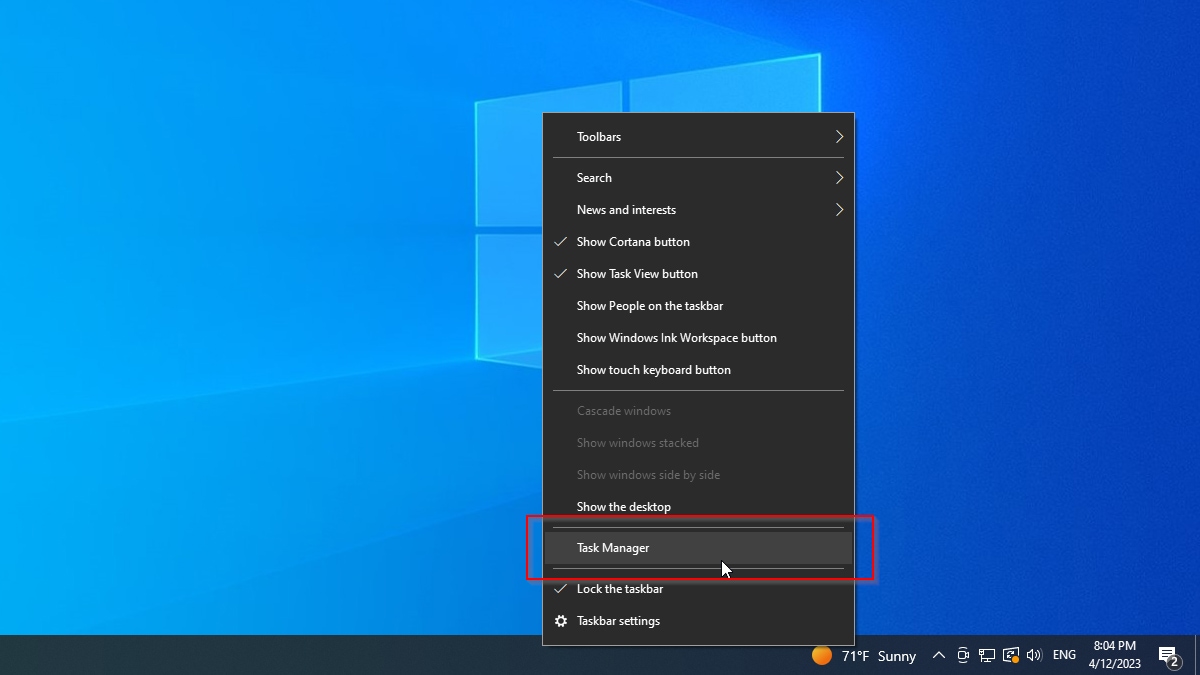 Windows Desktop Taskbar Right Click Menu Task Manager
