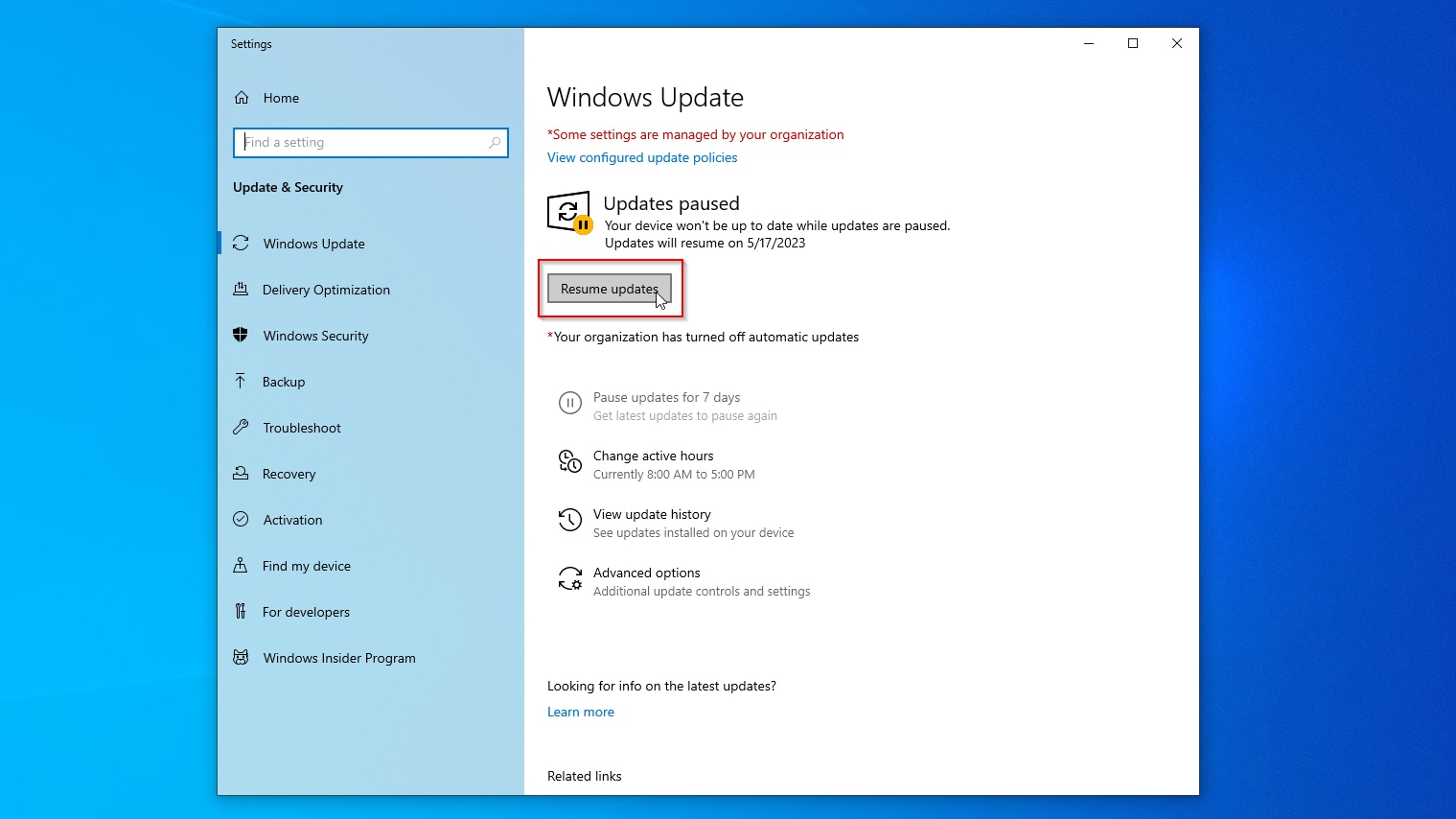 Windows Update Resume Updates Button