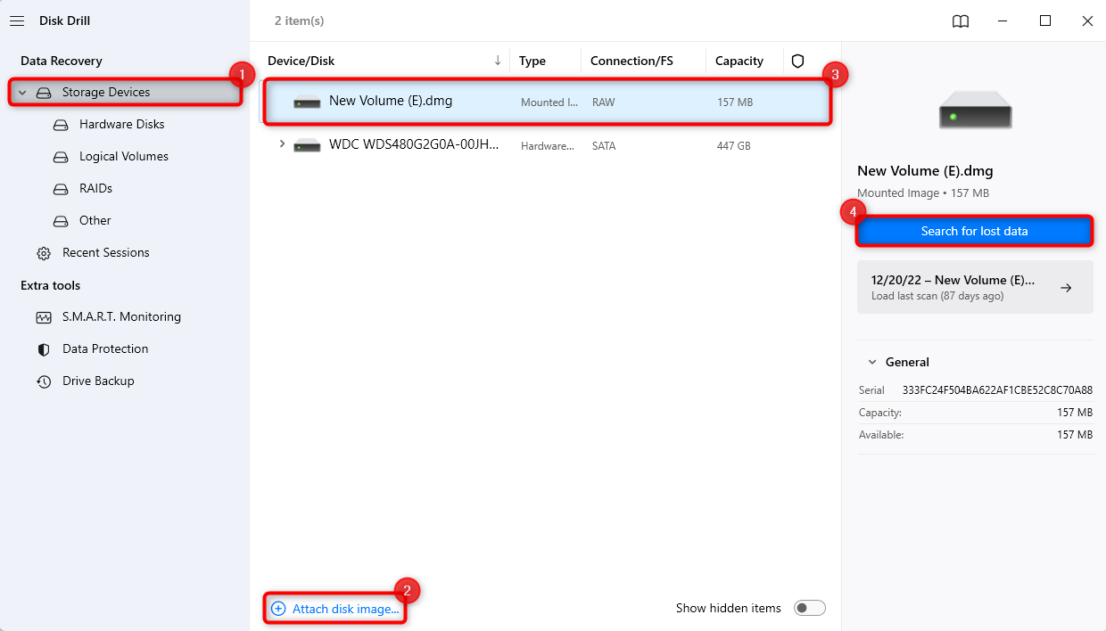 attaching disk image in disk drill