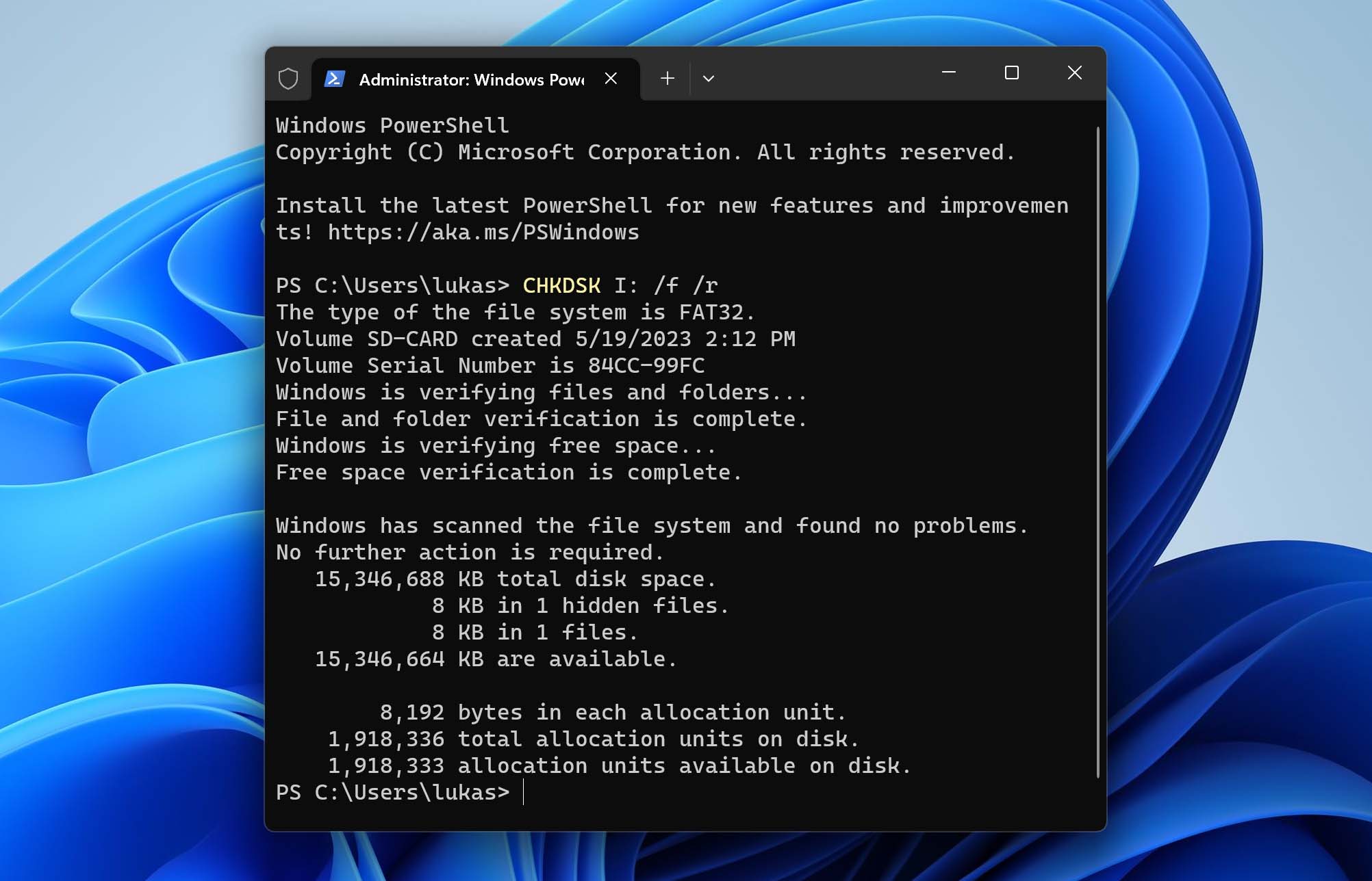 run chkdsk command on sd card