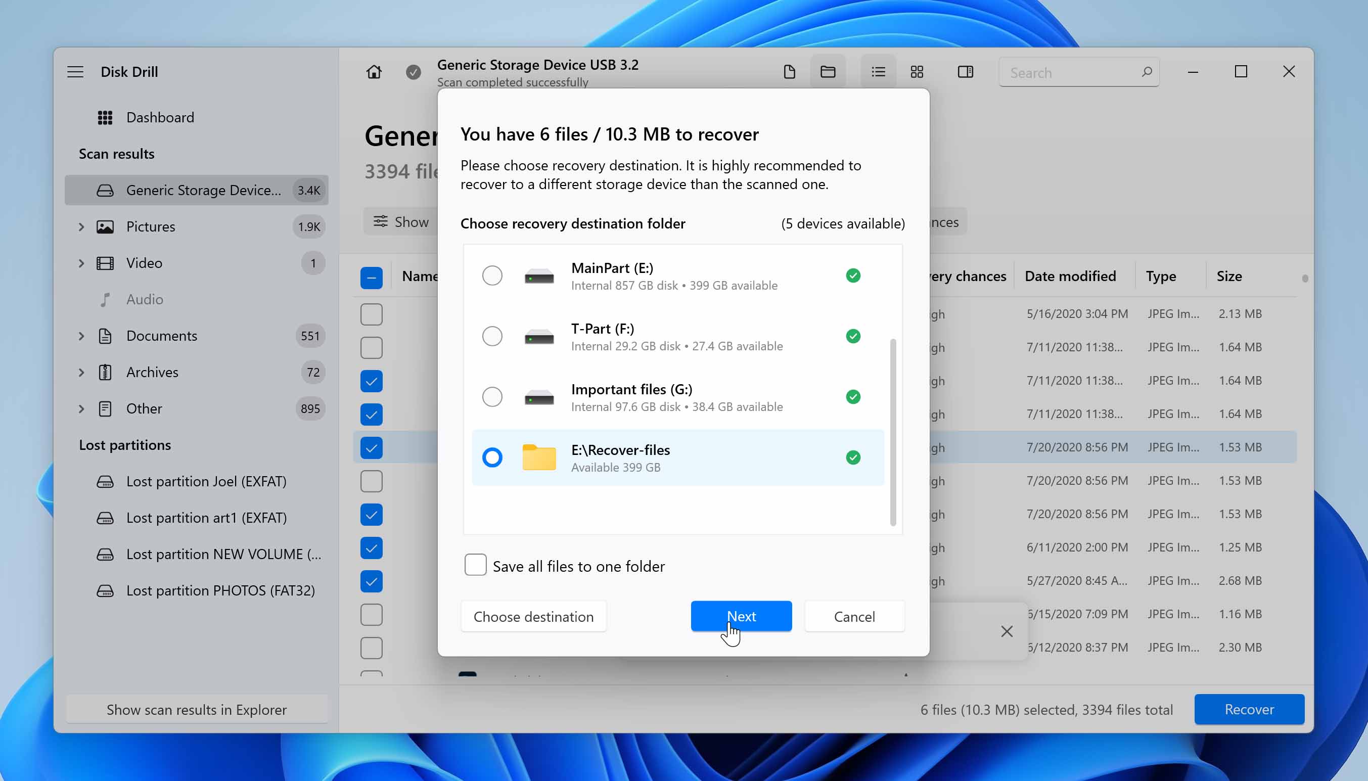 select recovery destination in disk drill