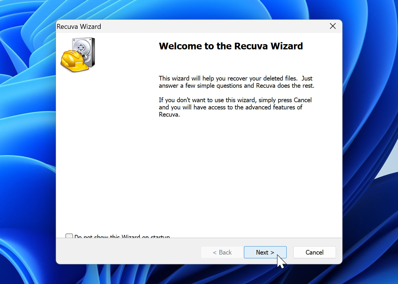 click next button in recuva wizard