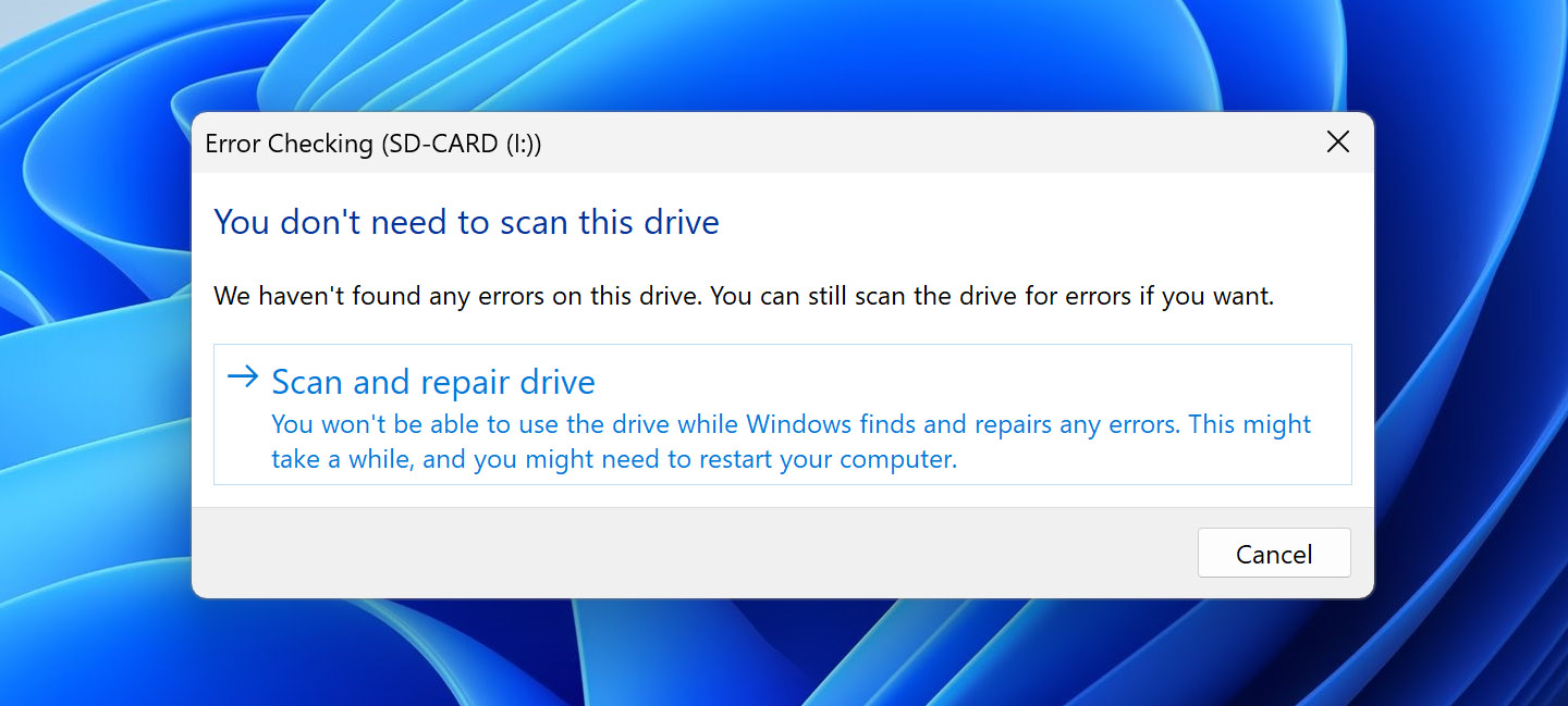 select scan and repair drive in pop-up window
