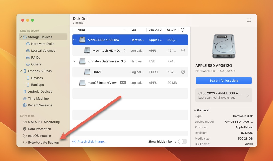 disk drill byte to byte backup highlight