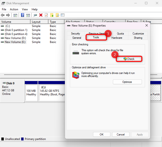 run the error checking tool in disk management