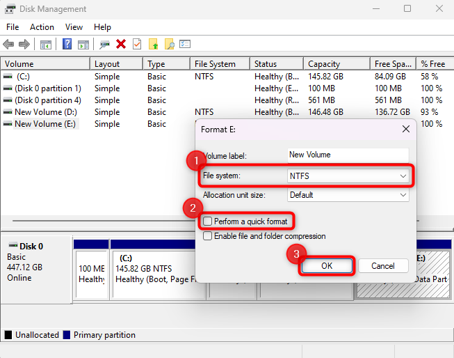 formatting using the disk management console