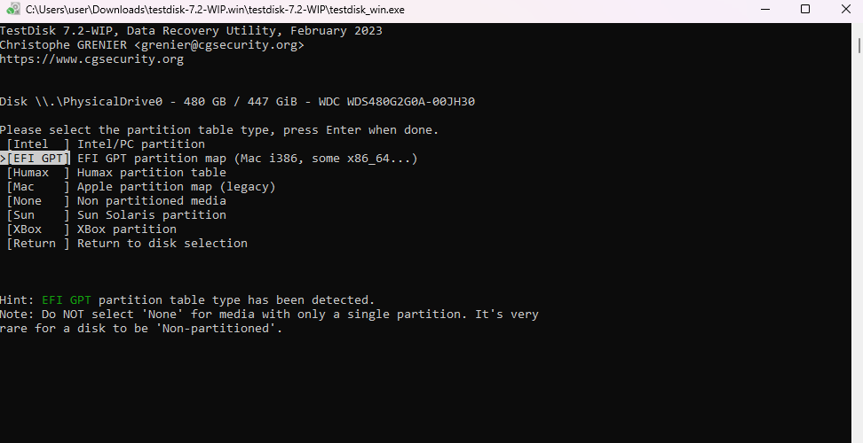 Selecting the partition type in test disk